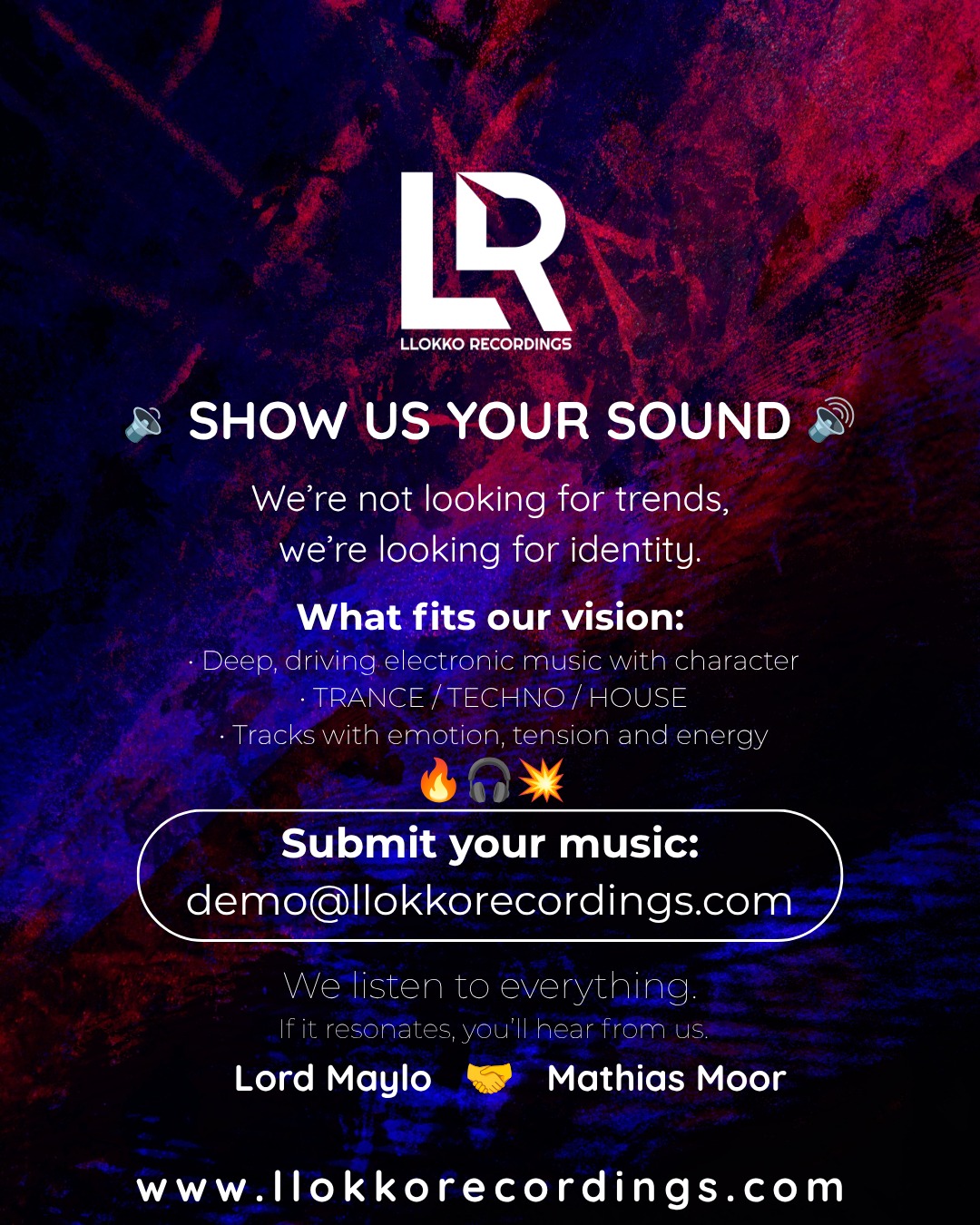 Hello music producers our "DEMOS GATE" is RE-Open:
but publishing date will be affter 25th August. We glad listen your new tunes! 🙂

www.llokkorecordings.com
Show Us Your Sound 🫵🙏🎹🔊
Thanks for your tunes 🎧
-M&M-

#musicproducers #edmmusic #trancemusic #technomusic #housemusic